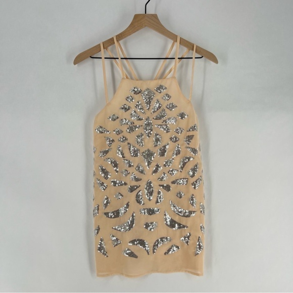 Truth NYC Sheer Lightweight Pink Chiffon SIlver Emellished Sequins‎ Strappy Tank